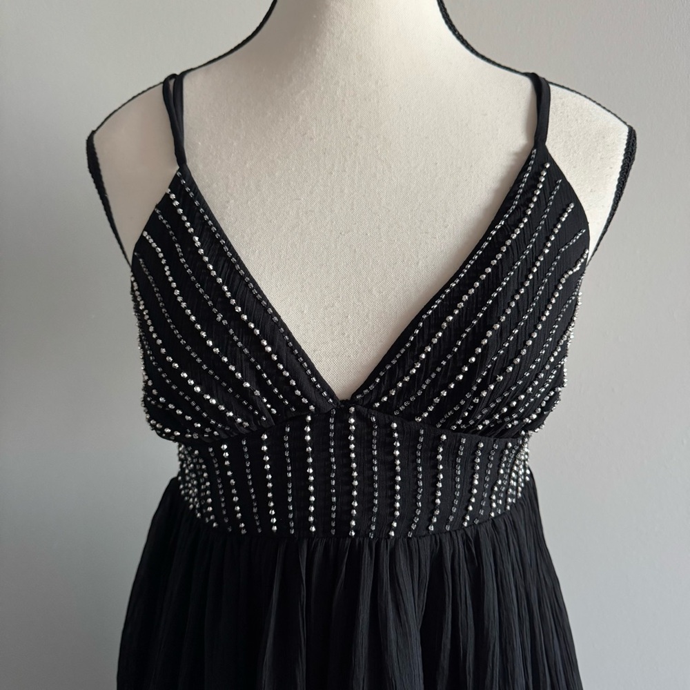 Zara Black Beaded Mini Dress Flowy Crepe Skirt V-Neck Size Small - Picture 5 of 10